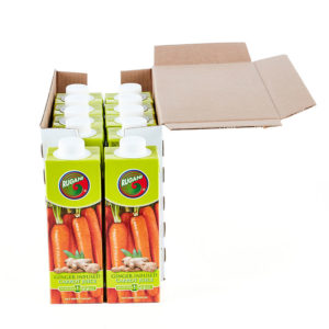 Rugani 100% Ginger Infused Carrot Juice 750ml Front open Box Pack shot