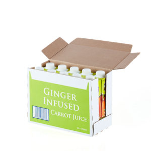 Rugani 100% Ginger Infused Carrot Juice 750ml open Box Pack shot