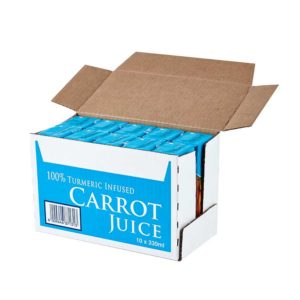 10 x 330ml Rugani 100% Turmeric Infused Carrot Juice open Box Pack shot