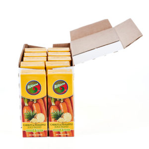 Rugani 100% Carrot and Pineapple Juice 10 x 330ml box Front open Pack shot