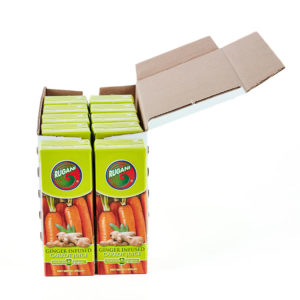 Rugani 100% Ginger Infused Carrot Juice 10 x 330ml box front side portrait open Pack shot