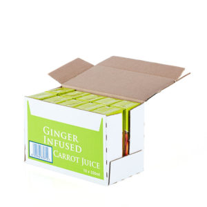 Rugani 100% Ginger Infused Carrot Juice 10 x 330ml box front side open Pack shot